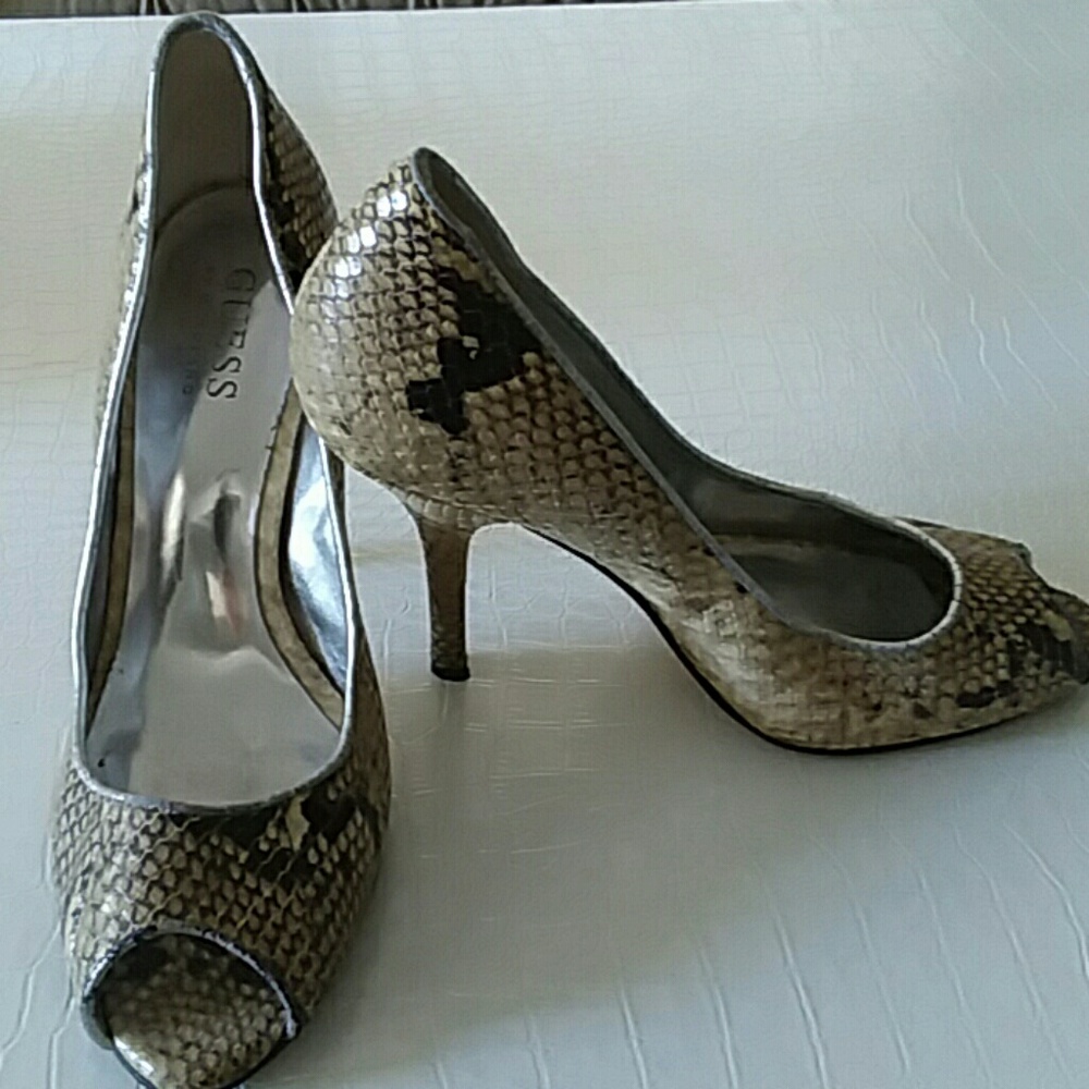 Guess by Marciano Snakeskin Peep-Toe Heels